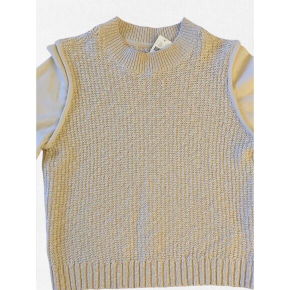 Anthropologie Textured Eyelet Twofer Sweater Vest Top Embroidered Beige Sz M - Picture 14 of 16